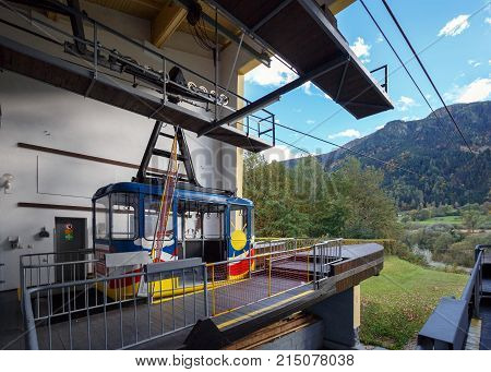SPITTAL AN DER DRAU/ AUSTRIA - OCTOBER 8, 2017. Valley station of the Goldeck cable car. Town of Spittal an der Drau, Alps mountains, Carinthia, Austria