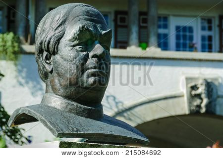 BAD NAUHEIM Germany AUGUST 2017: Bust monument to Sebastian Kneipp spa resort Bad Nauheim Hessen Germany