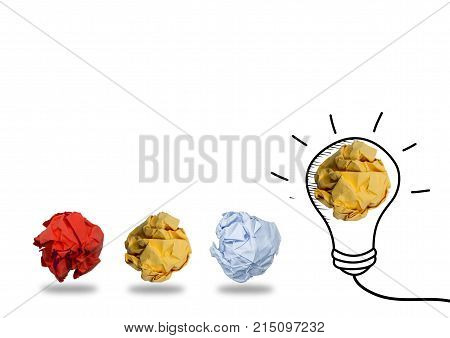 Creativity inspiration,ideas concepts with lightbulb and paper crumpled colorful on paper white