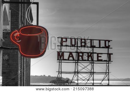 A cup of coffee near the public market in Seattle, WA.