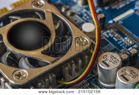 Electronic Circuit Board With Processor And Electrotechnical Elements, Close Up.