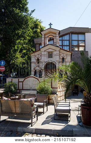 SOZOPOL BULGARIA - AUGUST 24 2017: Chapel of St. Nicholas the Wonderworker of the ancient seaside town on the southern Black Sea Black Sea Coast.