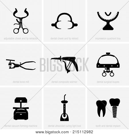Set of dental tools and equipment, shade pictures