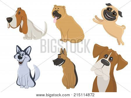 Set of funny dogs in different emotional states. Friendly dogs express their feelings with muzzle and posture. Set of isolated vector illustrations on white background. Cartoon style.
