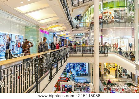 PRAGUE, CZECH REPUBLIC - DECEMBER 10, 2015: Palladium shopping center decorated for Christmas holidays - one of the most popular malls in Prague, has 5 floors, 184 shops and 23 restaurants.