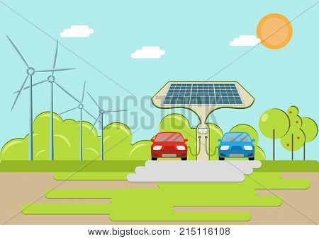 Electric car charging station. Plug-in vehicle getting energy from battery supply.