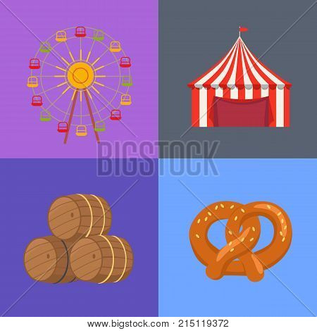 Four picture set representing beerfest oktoberfest vector illustration demonstrating attractions, tent, barrels and german bakery.