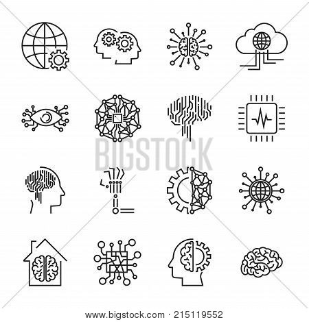 Artificial intelligence and robot related vector icon set. It contains icons such as chip, chipping, hand, prosthetics, smart house, electron eye, brain, AI technology and others. Editable Stroke