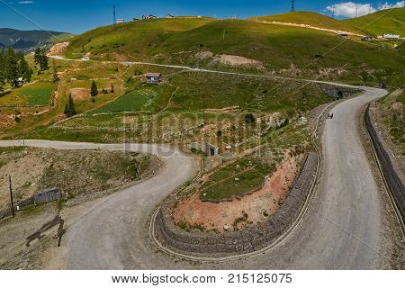 Challenging mountain unpaved road Akhaltsikhe-Batumi and Rural mountain landscapes of Georgian Adjara region near village of Khulo