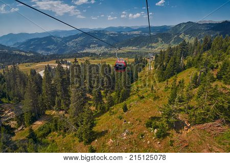 Newly-built modern Goderdzi Cable Car and Rural mountain landscapes of Georgian Adjara region near village of Khulo