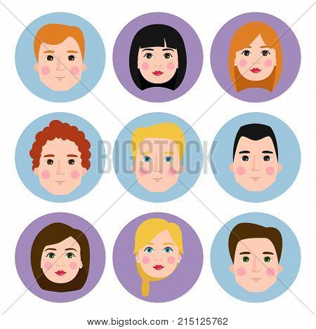 Vector set beautiful smiling emoticons face of people fear avatars. Set of cartoon human head person expression character different sexes happy laugh group young emoji portrait.