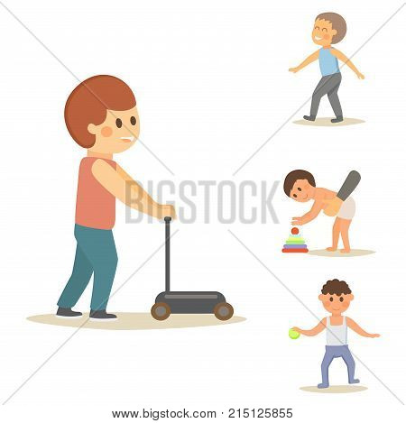 Happy laughing baby wearing cute clothing. Preschool toys of little kids. Children first walking. Textile for cheerful infants flat vector illustration.
