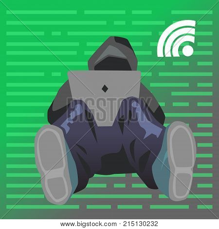 Vector flat illustration with young hacker is attacking data servers