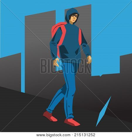 Vector flat illustration with young student guy hacker walking