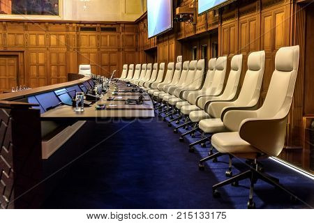 THE HAGUE 15 APRIL 2013 - Court room of the International Court of Justice ready to hold the hearings regarding the dispute between Cambodia and Thailand about the Preha Veahar temple
