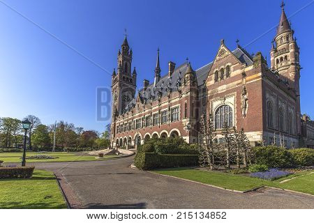 Front view of the beautiful garden of the Peace Palace or Vredespaleis in Dutch which is located in The Hague Netherlands