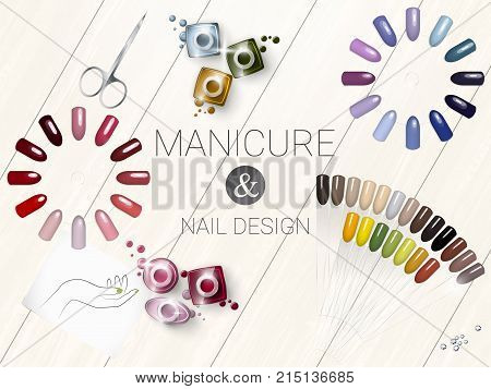 Set of cosmetic accessories for manikure and nail design. Cosmetic set on a realistic wooden table. Nail polish tips scissors. Realistic detail design. Vector illustration EPS10.