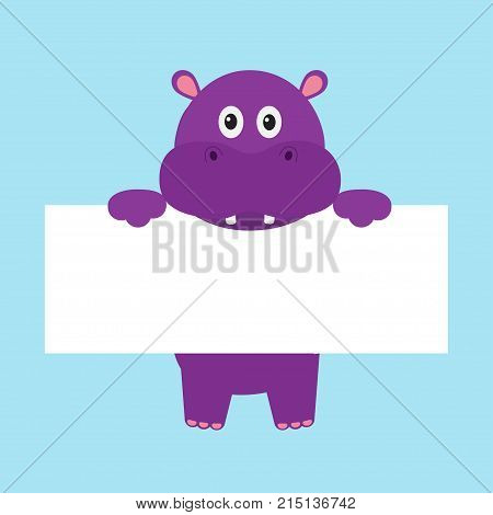 Funny hippo hippopotamus behemoth hanging on paper board template. Kawaii animal body. Cute cartoon character. Baby card. Flat design style Blue background Isolated Vector illustration