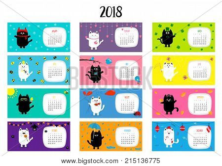 Cat horizontal monthly calendar 2018. Cute funny cartoon character set. All month. Happy Valentines Christmas St Patrick day Easter Egg Bird Chicken Umbrella rain. Santa hat sun Flat design Vector