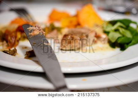 Stainless Steel Knife Next To Plate With Partially Consumed Pork Steak With Golden Baked Potatoes And Salad