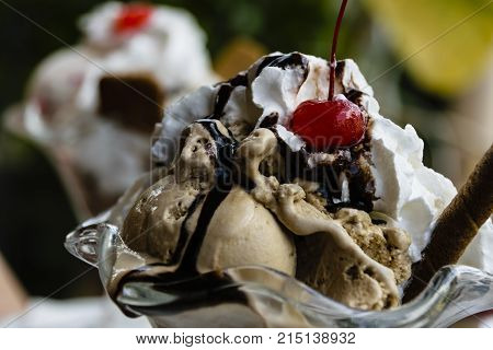 Chocolate Ice Cream Sundae With Sauce Close-up
