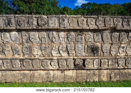 Chichen Itza Tzompantli the Wall of Skulls in Mexico Yucatan