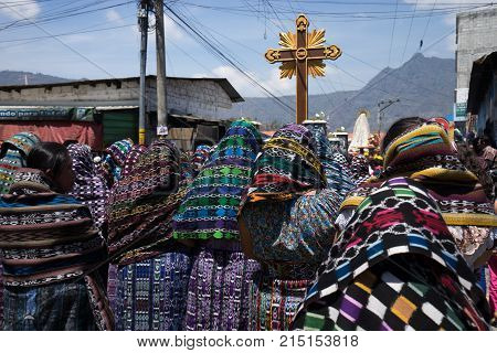 March 25, 2016 San Pedro la Laguna, Guatemala: tzutujil mayan women with their heads covered with traditional scarf during Easter celebration