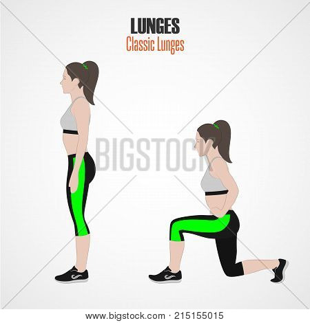 Sport exercises. Exercises with free weight. Classic Lunges. Illustration of an active lifestyle. Exercise for beautiful thighs and buttocks. Vector.