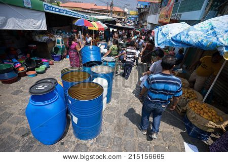 April 24, 2016 San Pedro la Laguna, Guatemala: the small indigenous town lacks supermarkets, most of the produce is sold on the street during the Saturday farmers market