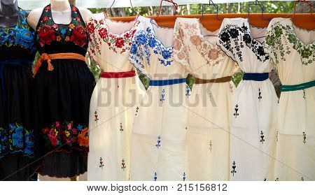 Chichen itza embroided dresses in outdoor shop Mexico Yucatan