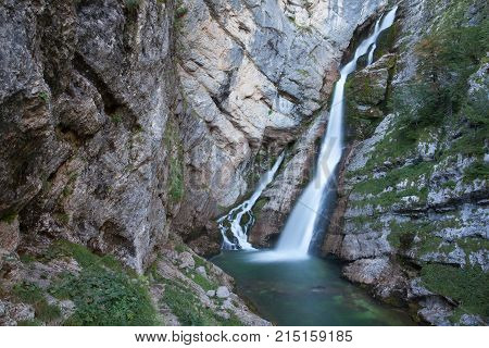 Waterfall on Savica river Lake Bohinj Slovenia.