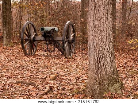 A Civil War cannon in the fall at Gettysburg