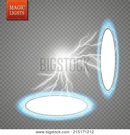 Magic Fantasy Portal. Futuristic Teleport. Light Effect. Blue Candles Rays Of A Night Scene With Spa
