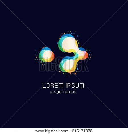 Abstrct colorful molecule shape on black background, vector logo. Genetics technology laboratory logotype