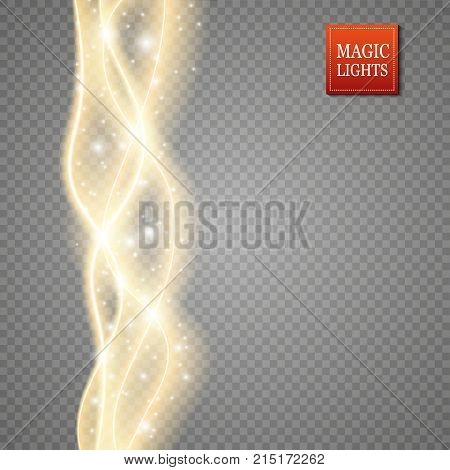 Set Of Magic Glowing Spark Swirl Trail Effect Isolated On Transparent Background. Bokeh Glitter Wave