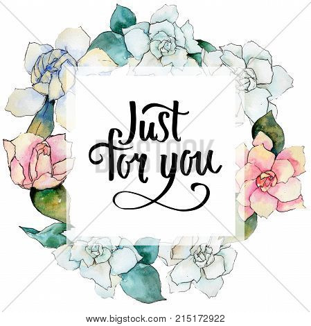 Wildflower gardenia flower wreath in a watercolor style. Full name of the plant: gardenia . Aquarelle wild flower for background, texture, wrapper pattern, frame or border.