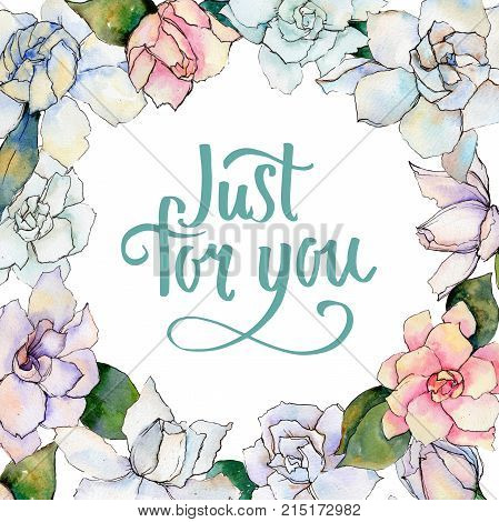 Wildflower gardenia  flower frame in a watercolor style. Full name of the plant: gardenia . Aquarelle wild flower for background, texture, wrapper pattern, frame or border.