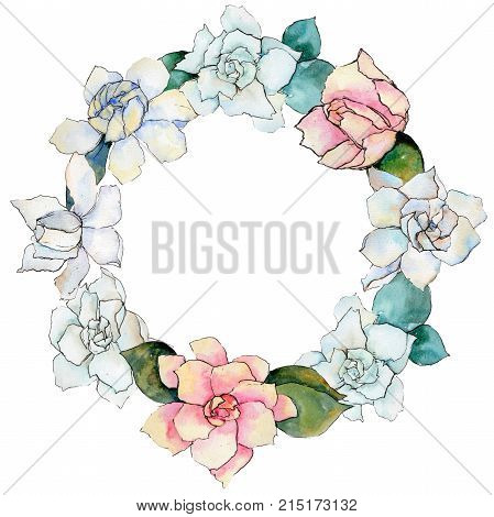 Wildflower gardenia flower wreath in a watercolor style. Full name of the plant: gardenia . Aquarelle wild flower for background, texture, wrapper pattern, frame or border.