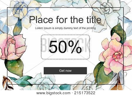 Wildflower gardenia  flower frame in a watercolor style. Full name of the plant: gardenia . Aquarelle wild flower for background, texture, wrapper pattern, frame or border.