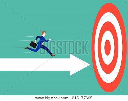 Business Concept Designed As A Businessman Is Running Forward In High Speed On White Arrows To The Target. He Is Straight To Succeed The Goal With Full Motivation Attempt And Encouragement.