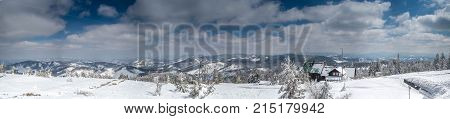 Panorama Of The Winter Landscape In The Mountains.