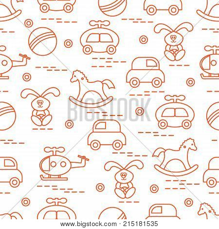 Cute Seamless Pattern With Variety Of Children's Toys: Rocking Horse, Ball, Machine, Rabbit, Helicop