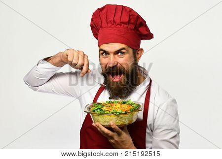 Man With Beard On White Background. Cook With Cheerful Face