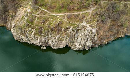 Aerial view of the rocks. Beautiful view of the river landscape