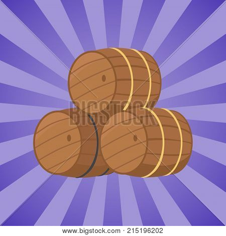 Vector illustration representing three beer barrels of different types on blue background with rays. Unofficial symbol of october festival.