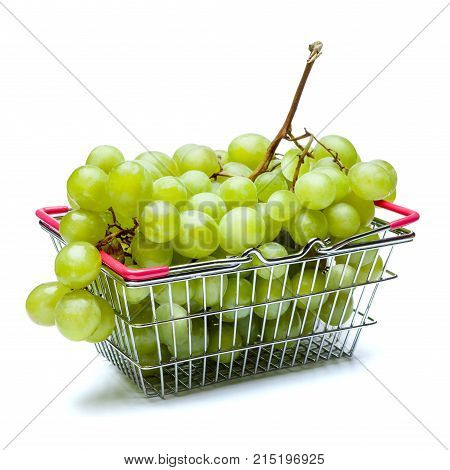 Grapes in shopping cart isolated on white background