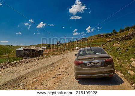 KHULO, GEORGIA - 08 August 2017: Challenging mountain unpaved road between Akhaltsikhe-Batumi near Khulo village of Georgian Adjara region