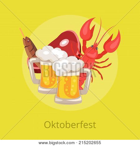 Oktoberfest vector illustration demonstrating set of beer and snacks on yellow including two pints of beer, well-done crayfish, fish and piece of ham