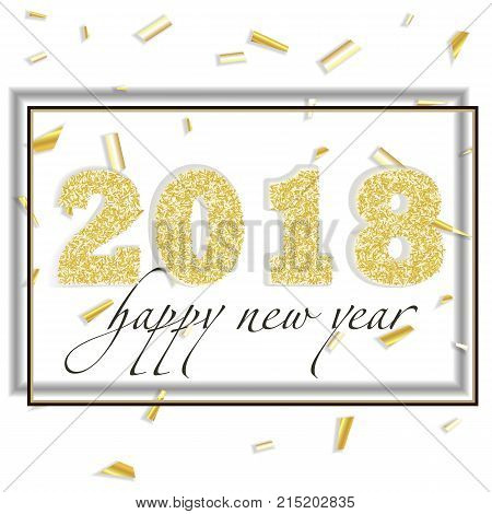 2018 Happy new year. Gold Numbers Design of greeting card of Falling Shiny Confetti. Gold Shining Pattern. Happy New Year Banner with 2018 Numbers on Bright Background. Vector illustration.