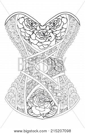 Coloring  page for adults. Corset with  roses. Art Therapy. Line art illustration.